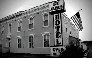 The outside of St James Hotel New Mexico.