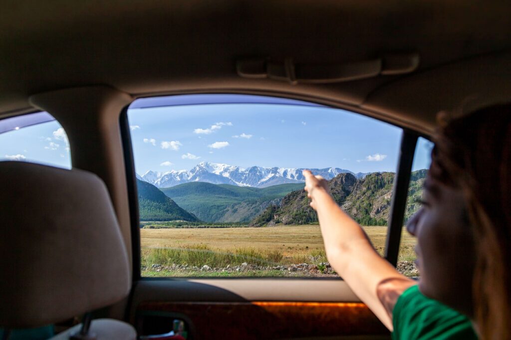 A woman looking at Roadside Attractions out of the car window.